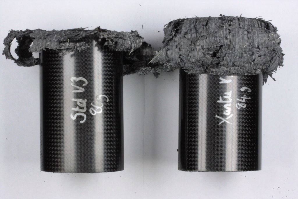 The result of a crash test in racing application (without the Xantu.Layr on the left and with on the right).